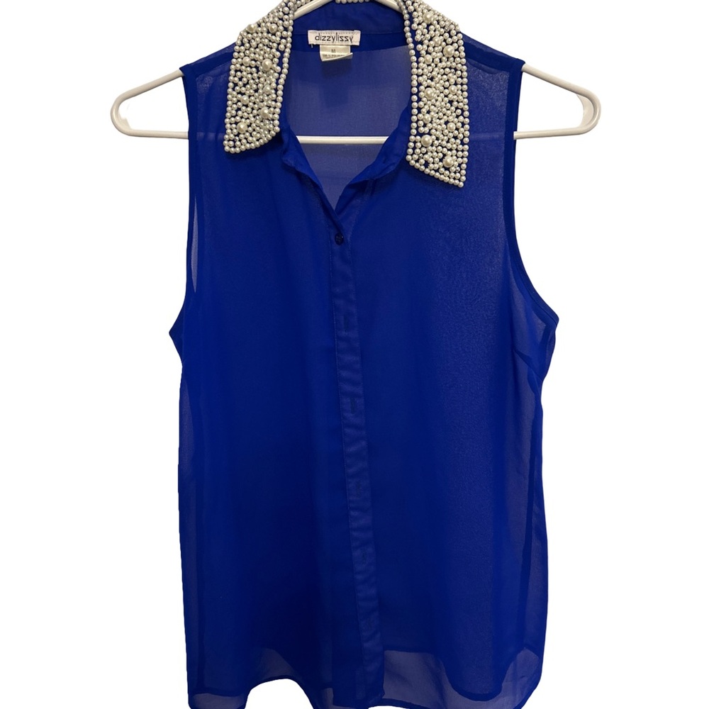 Silver Embellished Blue Sleeveless Blouse